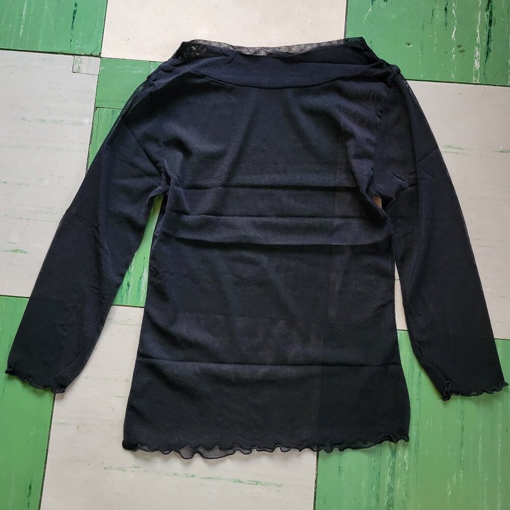Vintage 90S Y2K Black Boat Neckline Sheer Long Sleeve Top Stretchy Size S